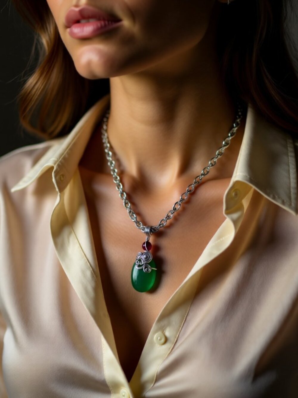 Handmade! Green + Raspberry Agate Pendant w. 18" Rope Chain - Vibrantly Unique! - Picture 7 of 11